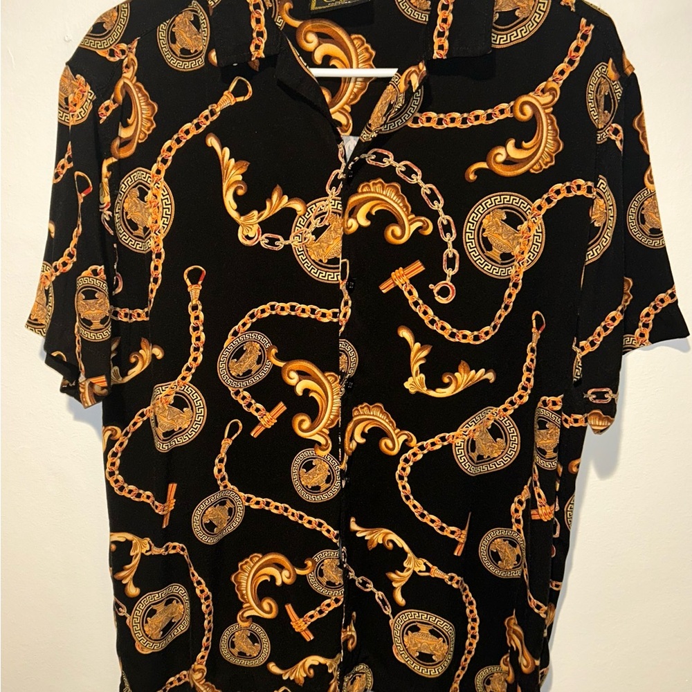 Casa Moda Couture Black and Gold Pattern Men’s Button Up Shirt Size Medium